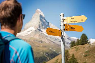 Hiker looks at signpost with destinations in the Alps.