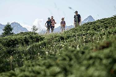 A family hiking on a green hill with mountains in the background.