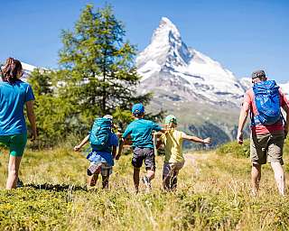 Familie mit Kindern wandert in der Natur mit Bergblick.
