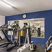 Ein Fitnessraum mit Laufband, Crosstrainer und Hanteln.