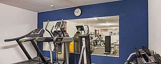 Ein Fitnessraum mit Laufband, Crosstrainer und Hanteln.