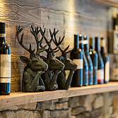A selection of wine bottles on a wooden shelf.
